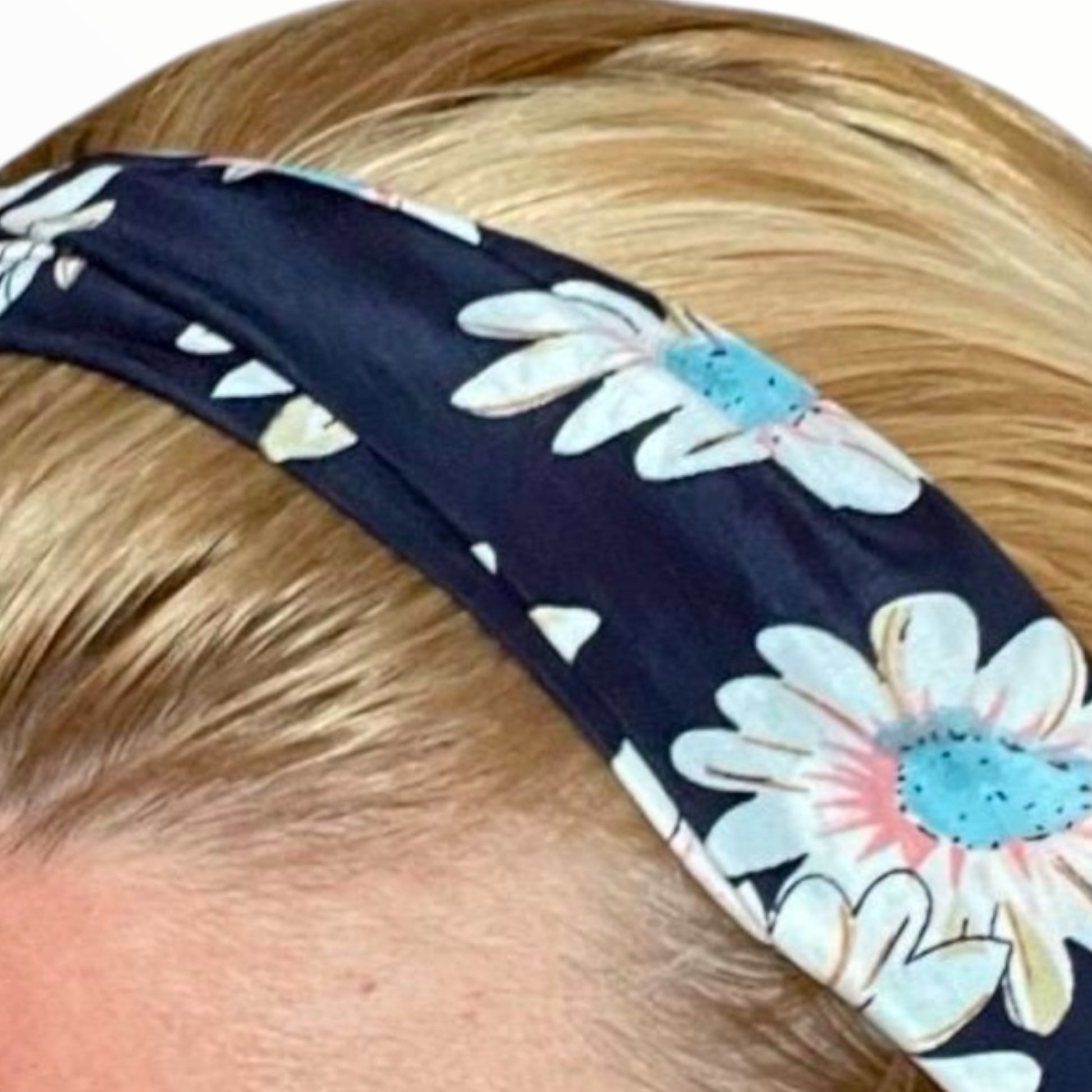 Bandeau cheveux taille unique bleu floral en satin, ajustable et confortable