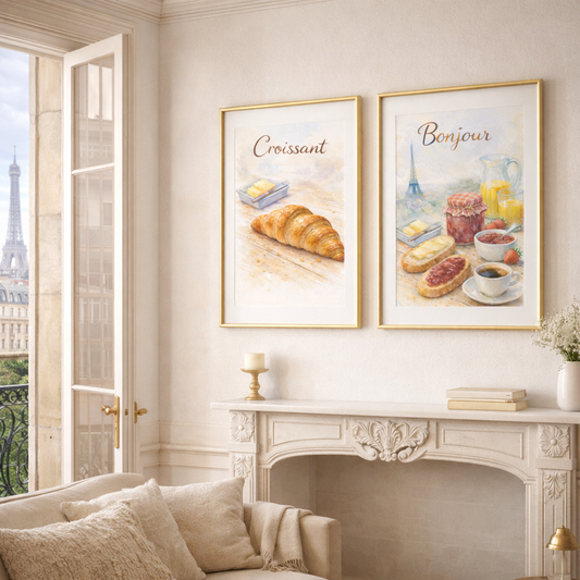 Déco murale cuisine élégante – 2 affiches petit déjeuner français style café parisien