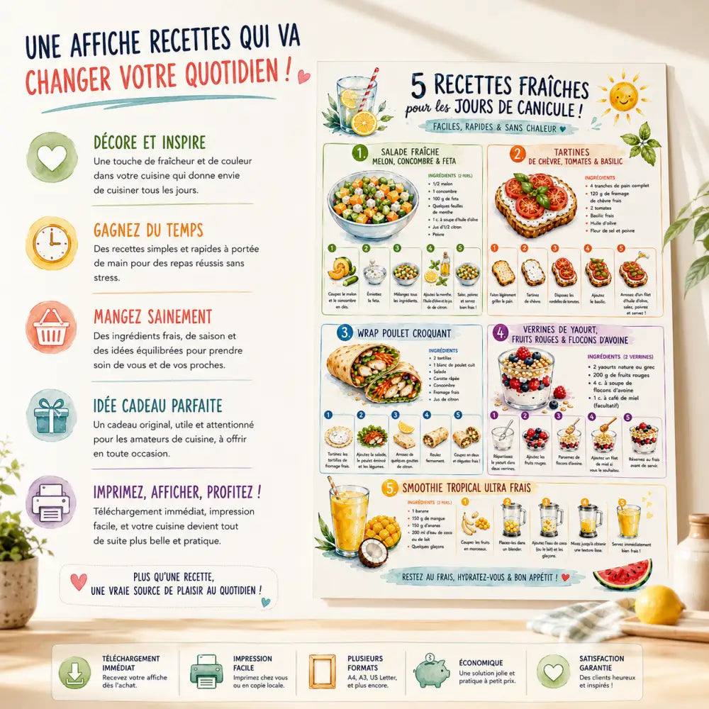 Affiche de recette ff colorée illustrant cinq recettes fraîches d’été en français