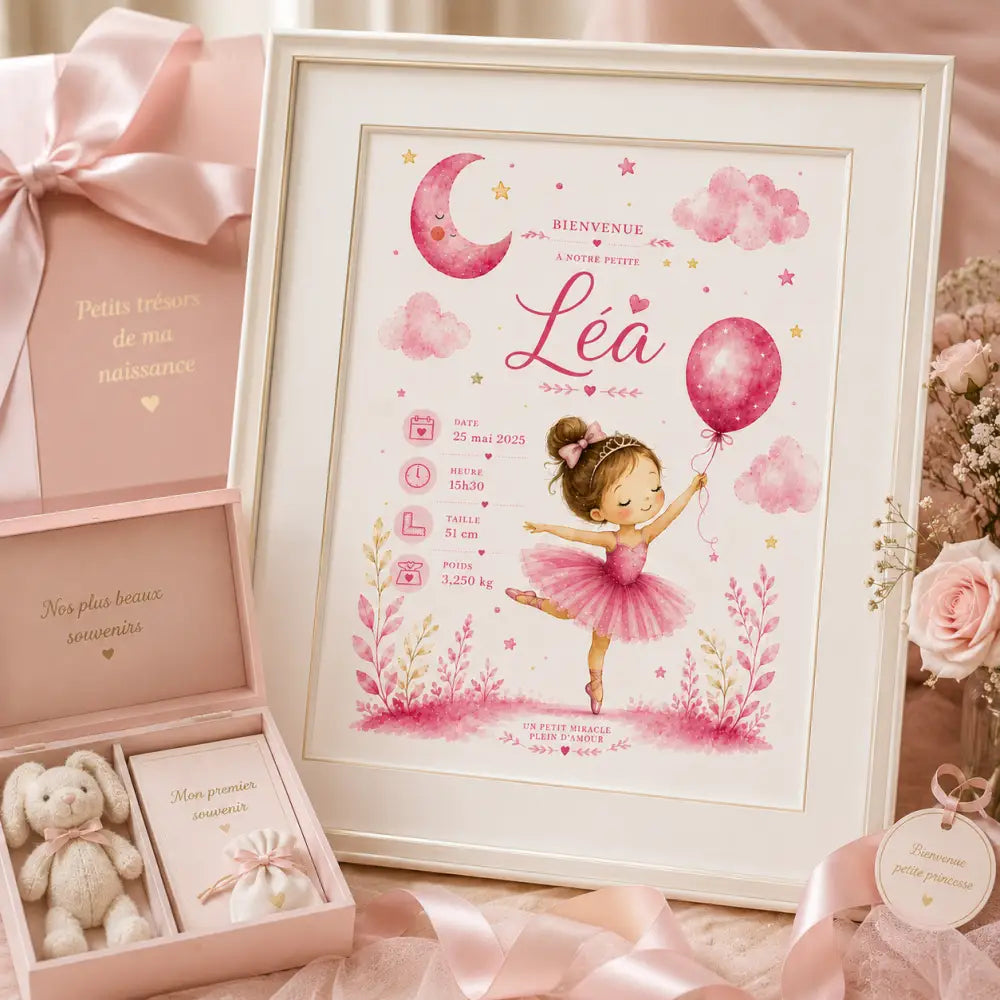 Un cadre rose avec une affiche aquarelle de naissance présentant une ballerine, des nuages et des étoiles