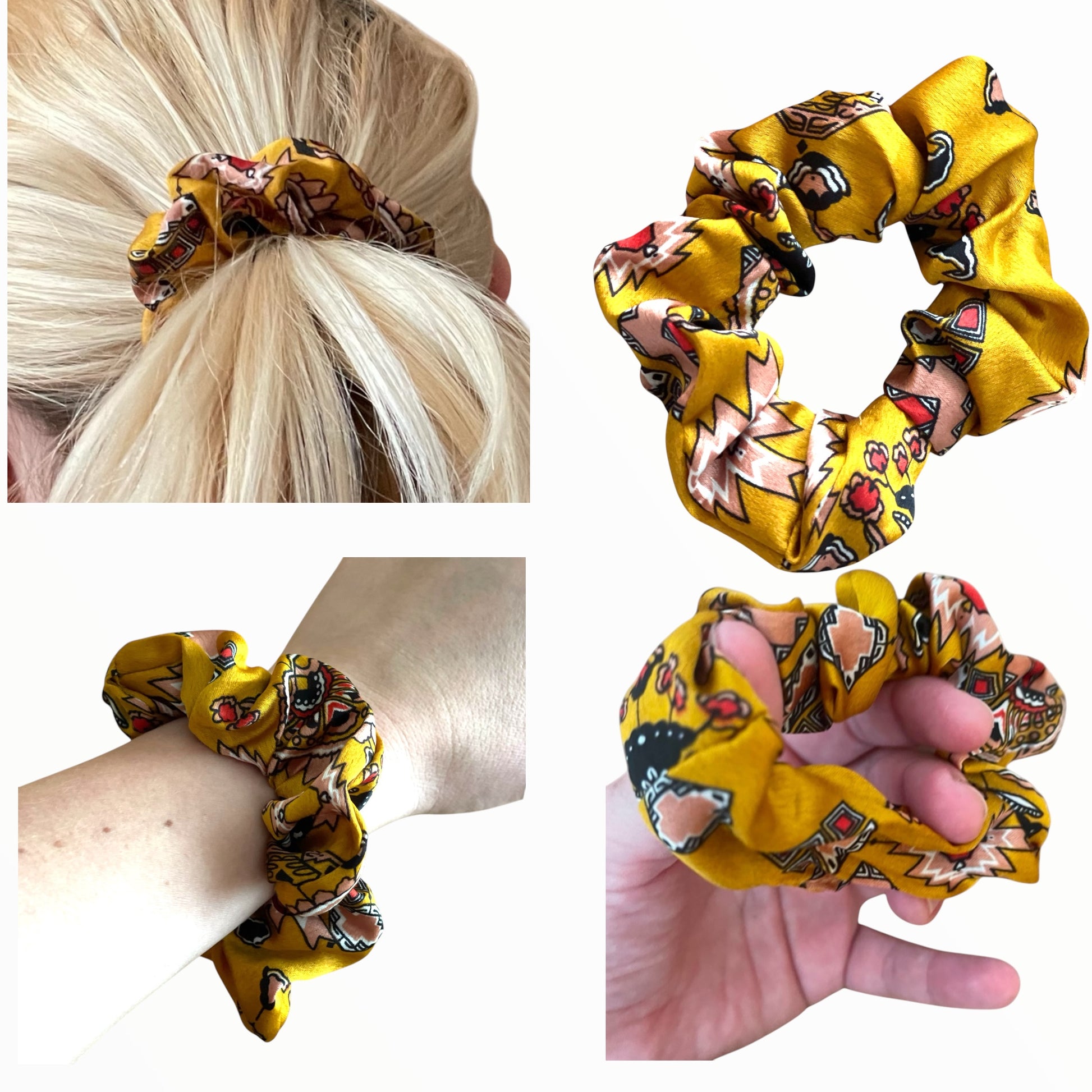 Chouchou satin jaune élégant, parfait pour coiffure printanière et estivale