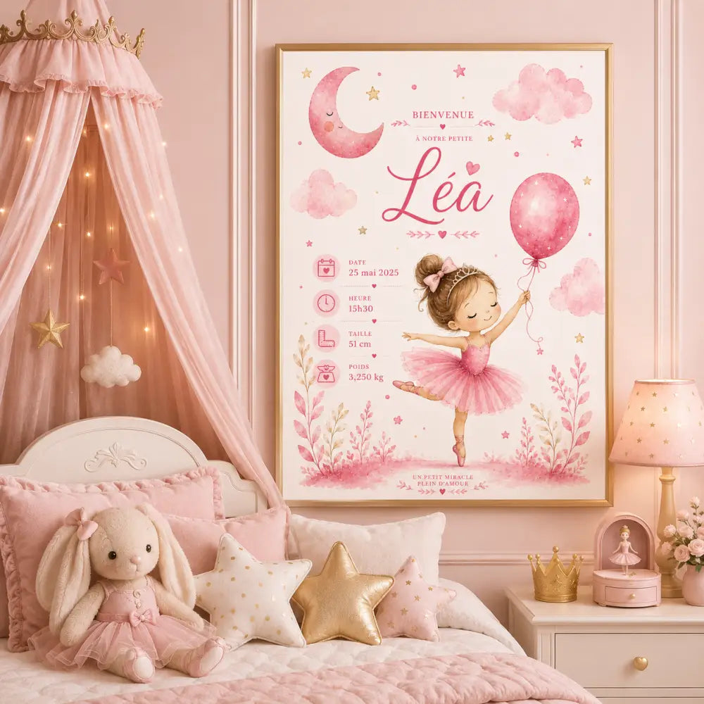 Impression aquarelle rose dune ballerine tenant un ballon encadrée en or pour décoration murale