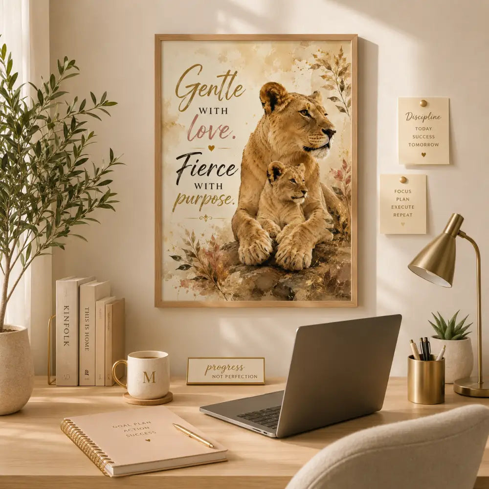 Affiche encadrée sans titre 16juin_16:27:25 représentant une lionne et son lionceau avec le texte gentle with love