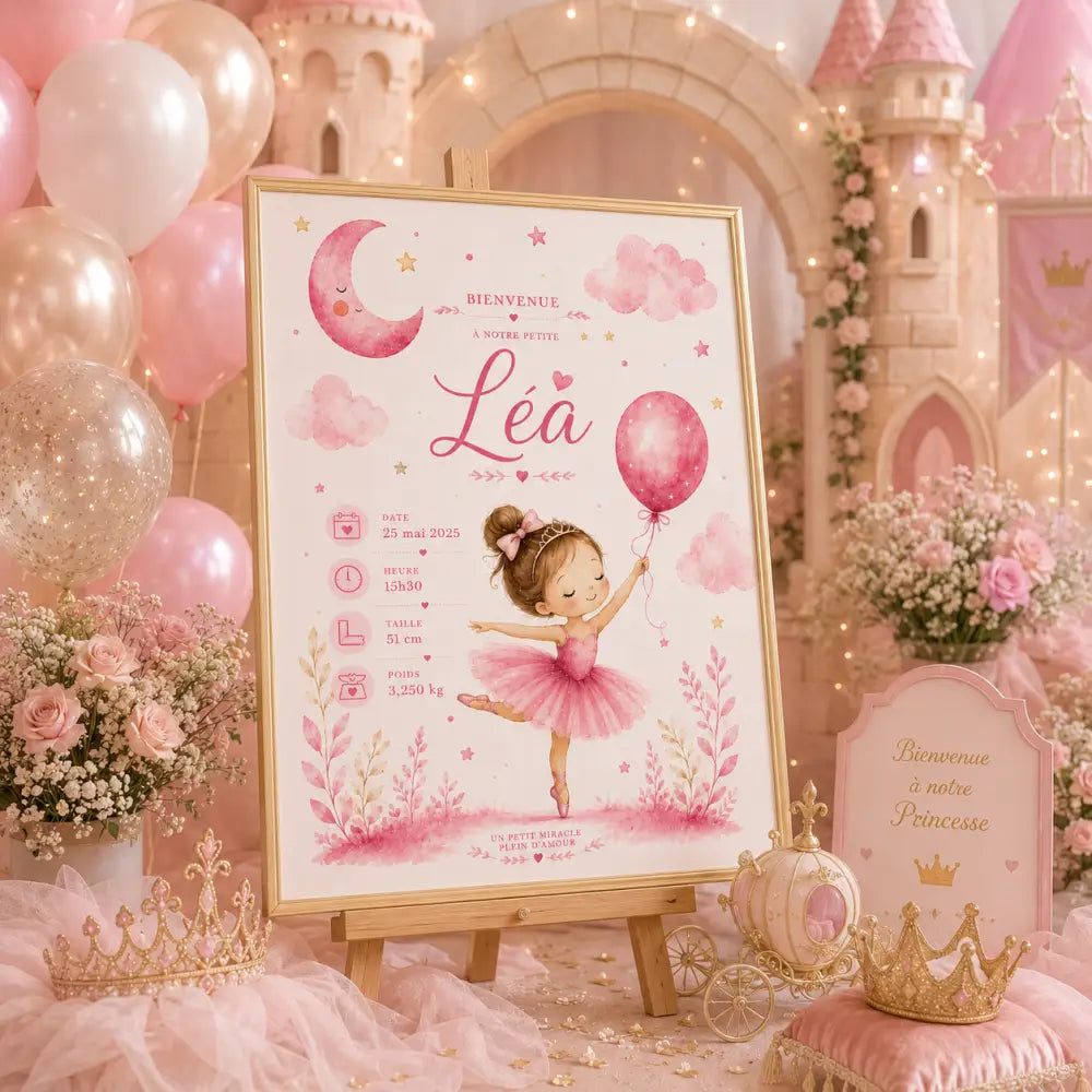Illustration aquarelle rose dune ballerine tenant un ballon encadrée dorée sur chevalet produit f