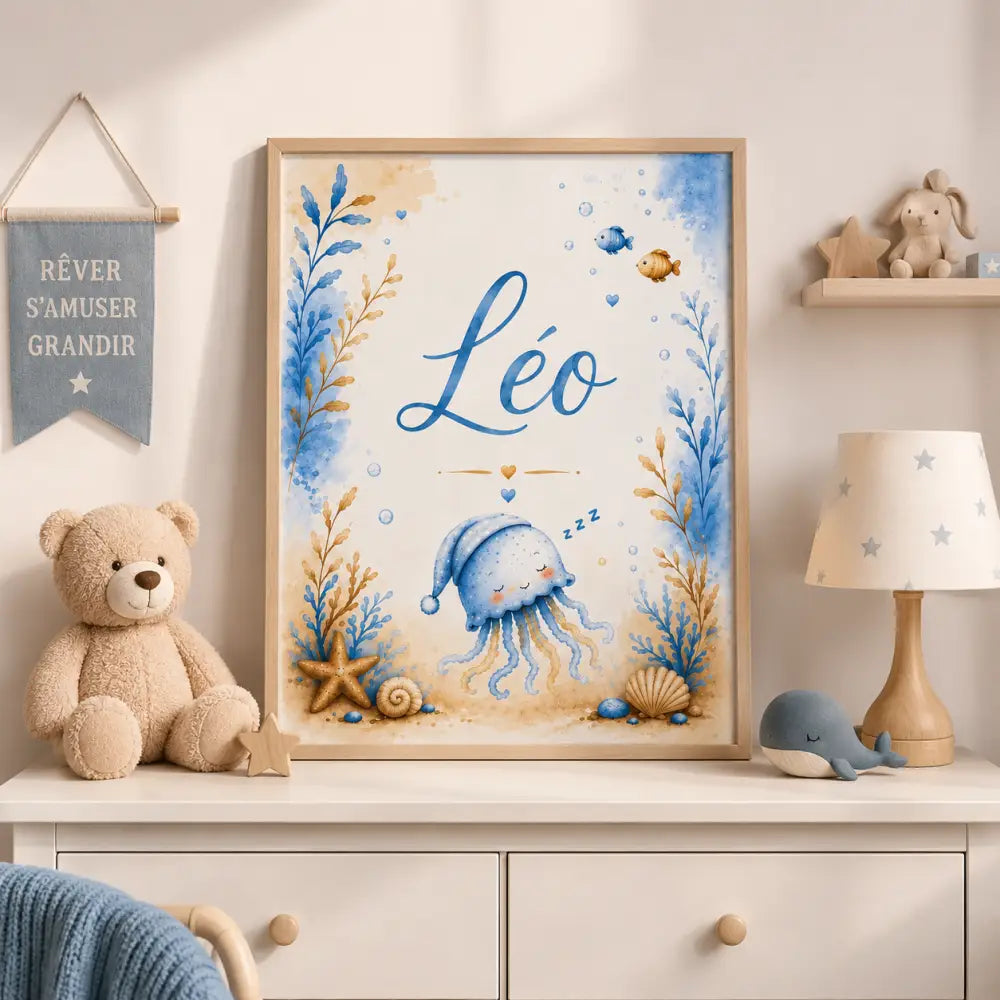 Affiche prénom personnalisée format a4 avec un cadeau naissance aquatique bleu avec méduse endormie nom léo