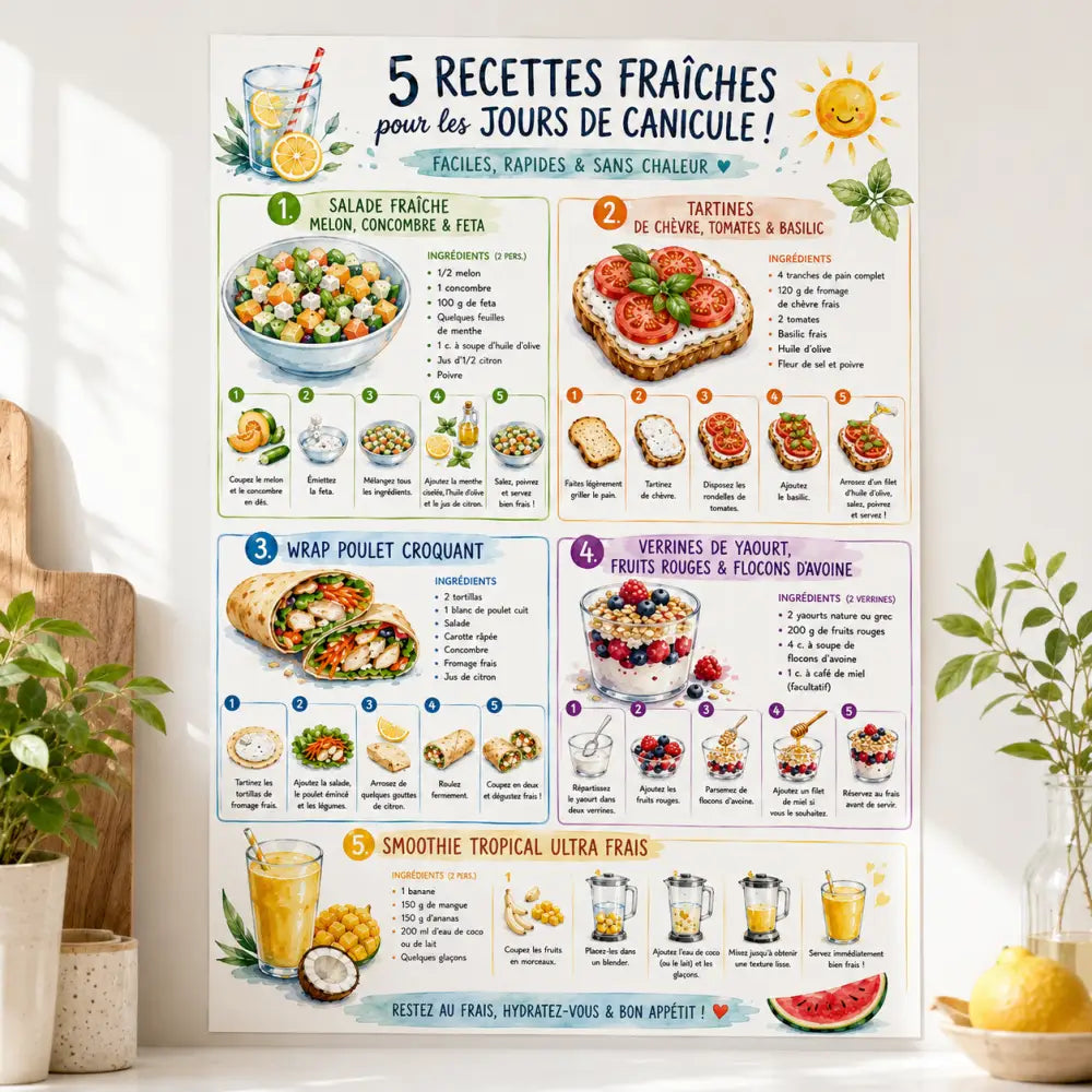 Poster illustré coloré ff présentant cinq recettes dété fraîches en français