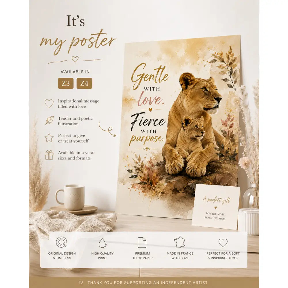 Affiche toile aux tons chauds avec une lionne et son lionceau et des accents floraux sur papier épais premium