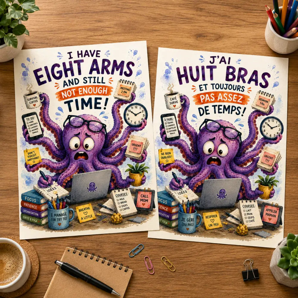 Affiches thème poulpe violet avec lunettes tenant tasses de café et horloges entourées de fournitures de bureau