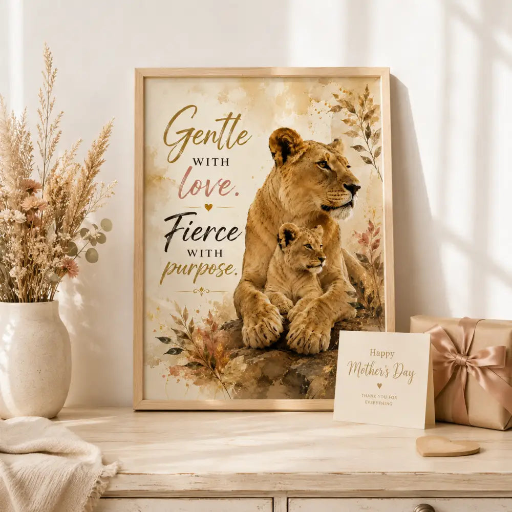 Un poster encadré avec une mère lion et son lionceau dans des tons chauds portant le texte gentle with love