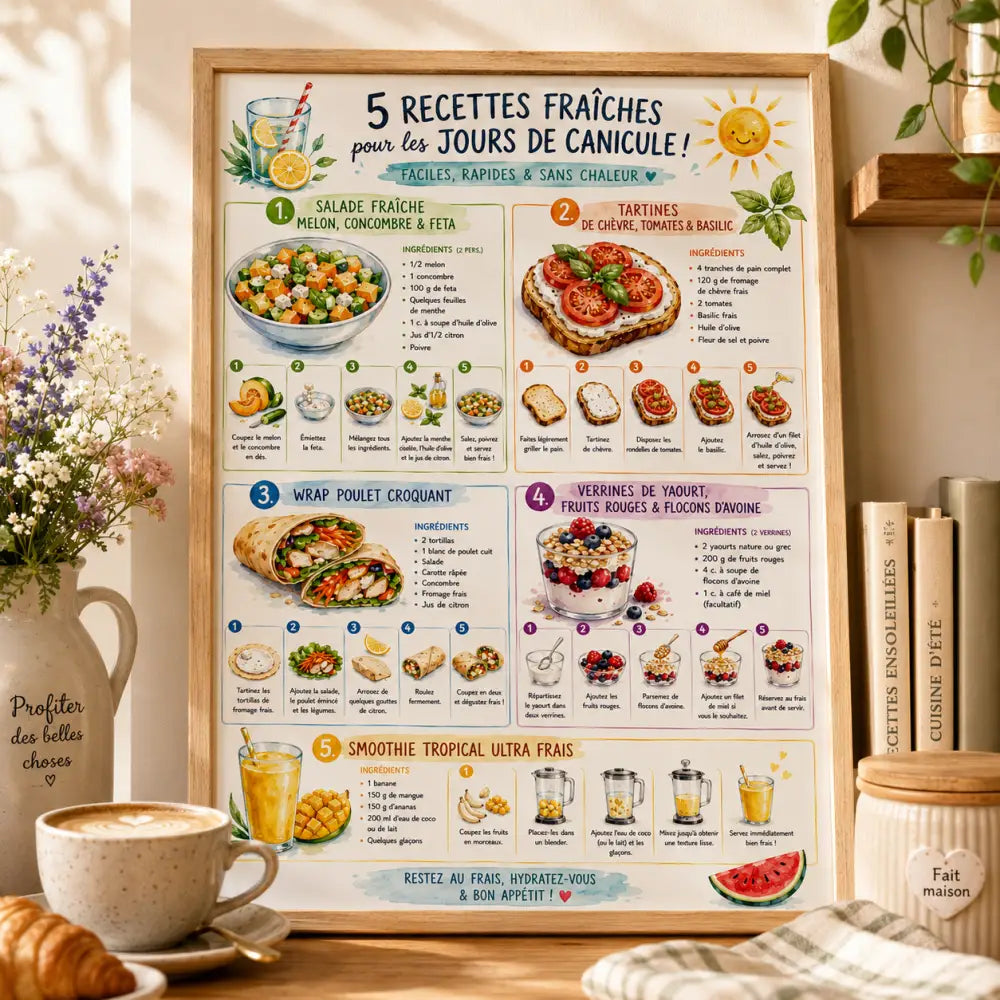 A framed poster titled ff with colorful summer recipes illustrations and french text in a light wood frame