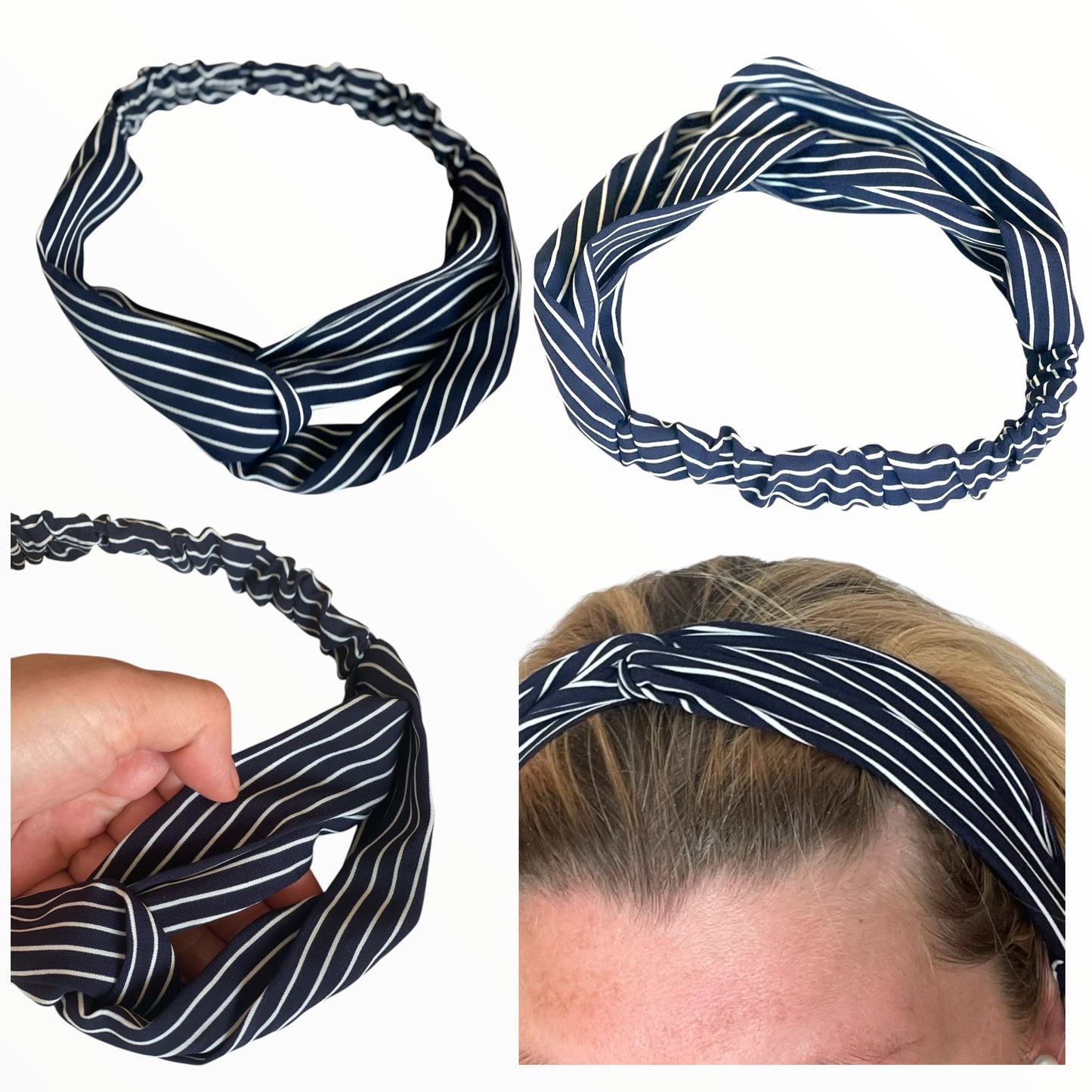 Bandeau bleu marine élastique avec des rayures blanches, idéal pour maintenir les cheveux en place avec style