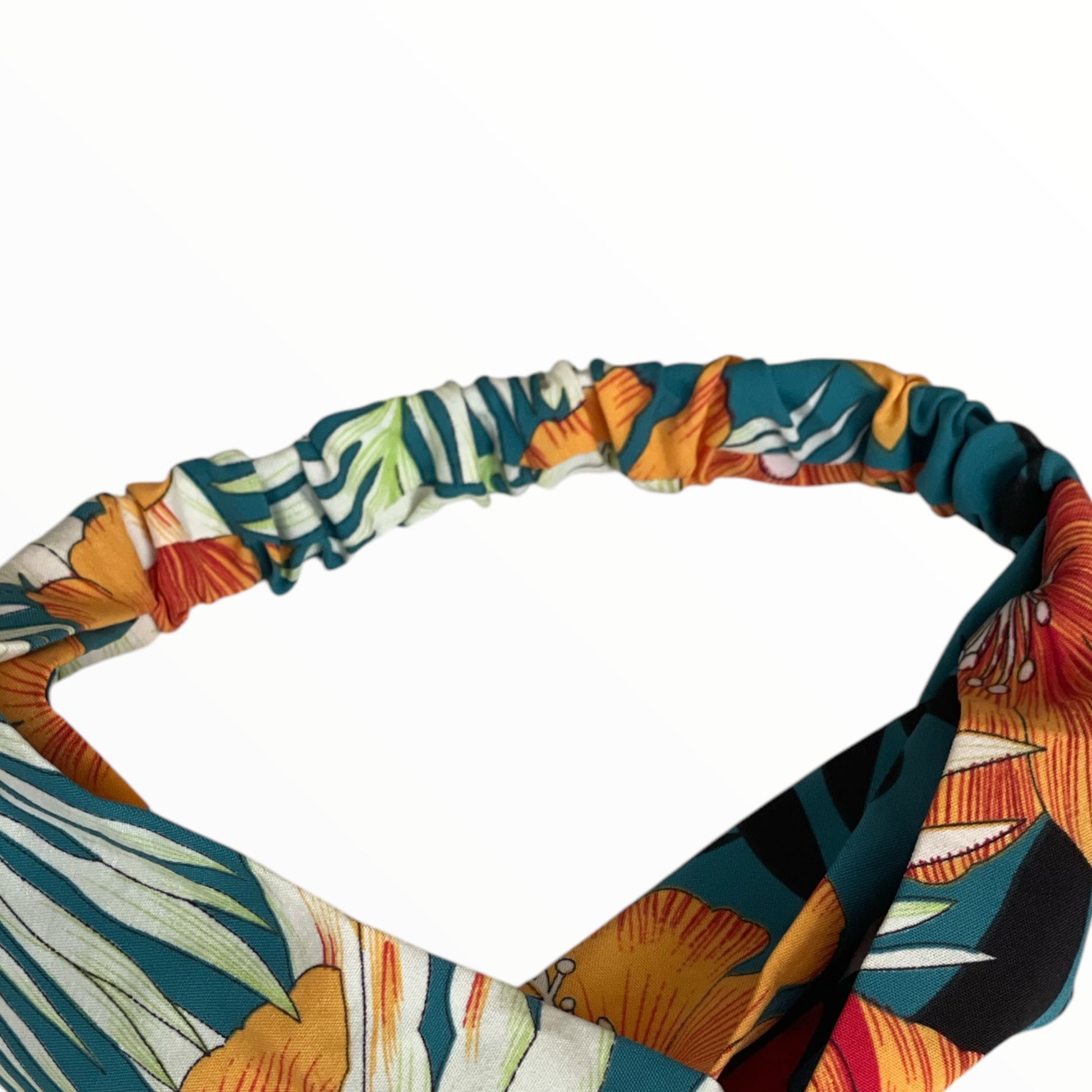 Bandeau en satin texturé avec motifs floraux multicolores