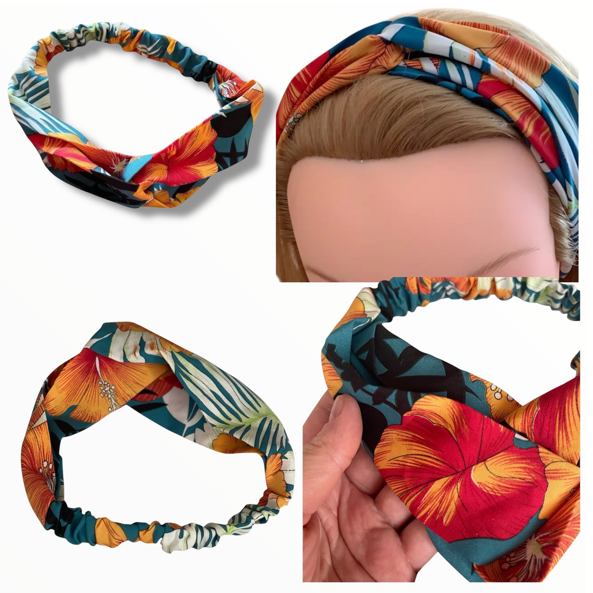 Bandeau en satin mat à motif floral multicolore – Accessoire élégant avec un tissu satiné non brillant et des fleurs aux teintes variées.