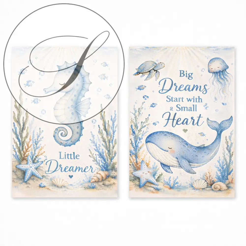 Affiche animaux marins avec deux toiles bleues ocean illustrant hippocampe et baleine pour deco bord de mer et wall art
