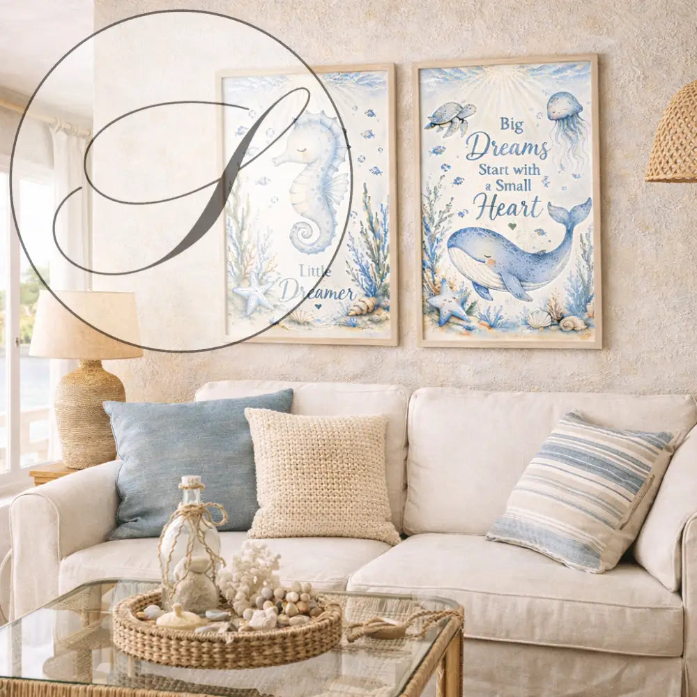 Deux affiches animaux marins en aquarelle bleue avec hippocampe et baleine pour deco bord de mer et wall art