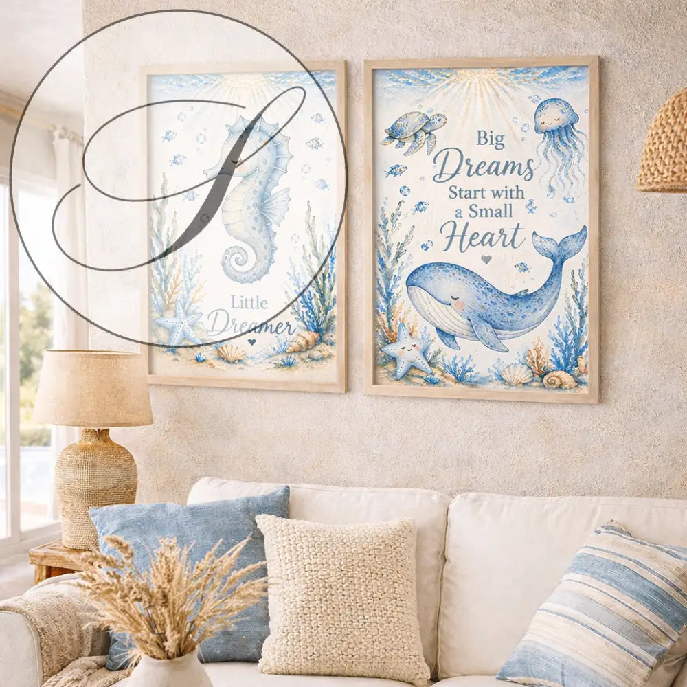 Deux affiches animaux marins encadrées avec wall art océan en aquarelle bleue pour deco bord de mer inspirante