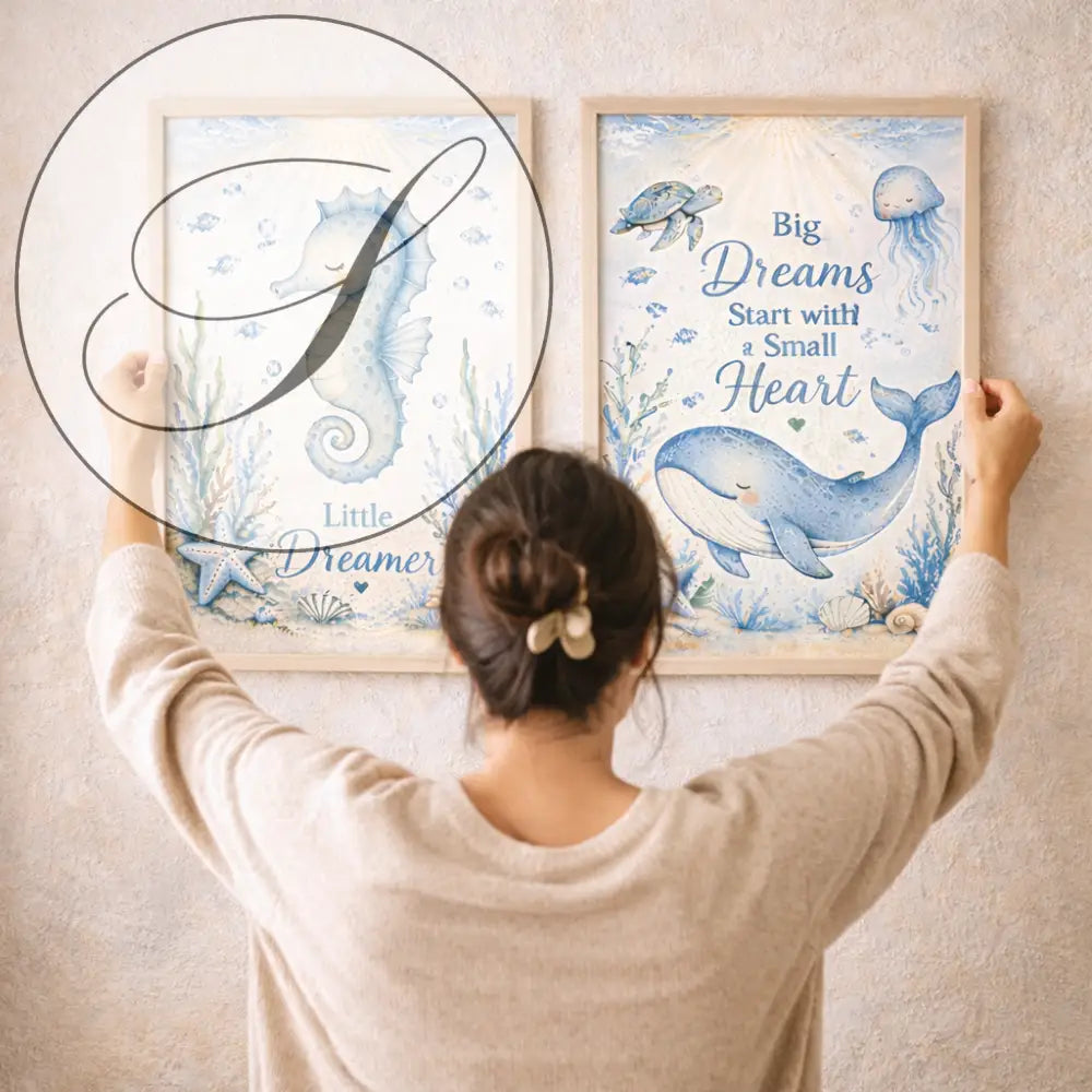 Deux affiches animaux marins en aquarelle avec cadre bois clair pour deco bord de mer et ocean wall art