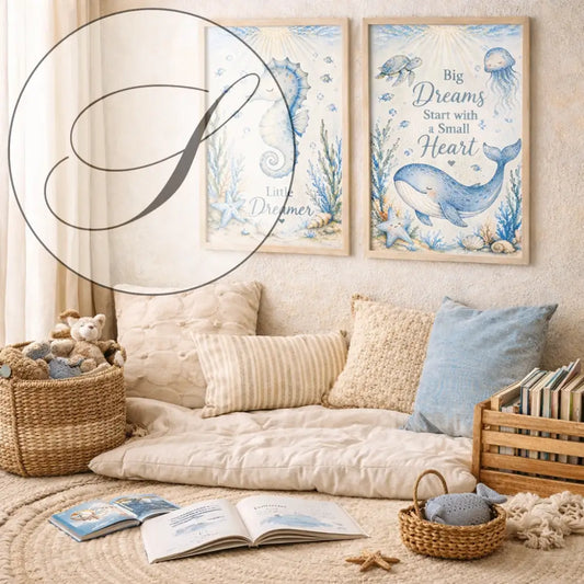 Deux affiches animaux marins encadrées avec illustrations aquarelle de hippocampe et baleine pour deco bord de mer wall art