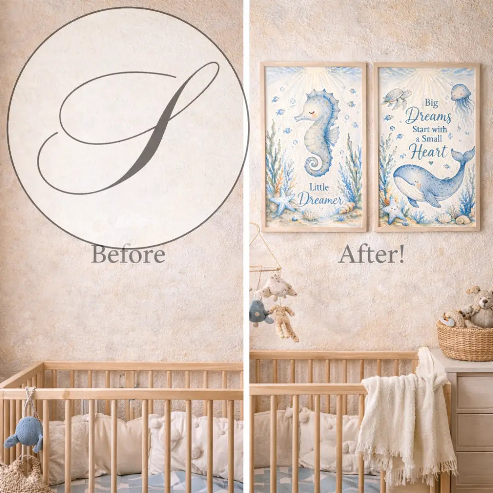 Deux affiches animaux marins en aquarelle bleu clair avec déco bord de mer en cadres bois clair pour wall art océanique