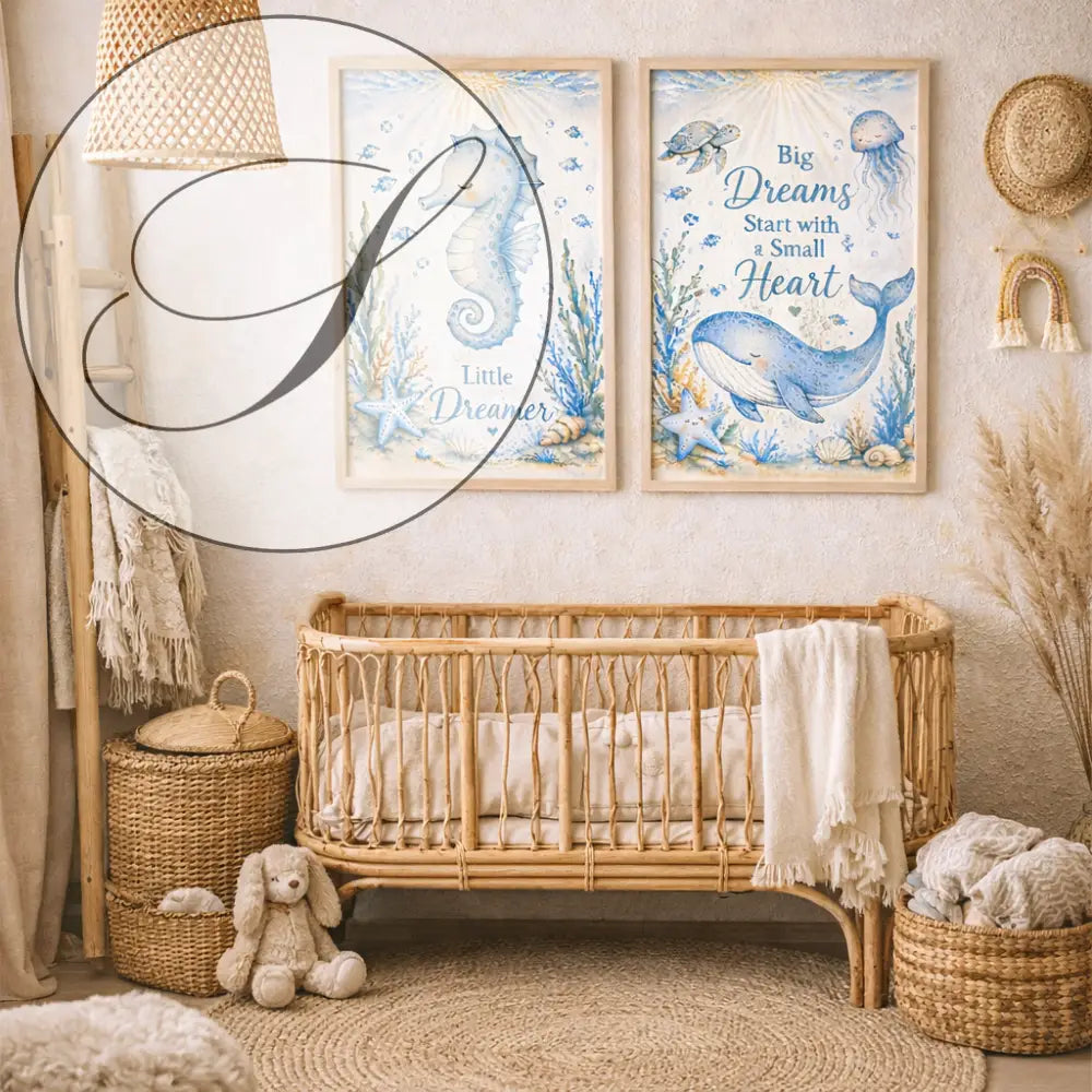 Rattan crib beige clair avec lattes tressées et couverture blanche, déco bord de mer parfaite pour affiche animaux marins