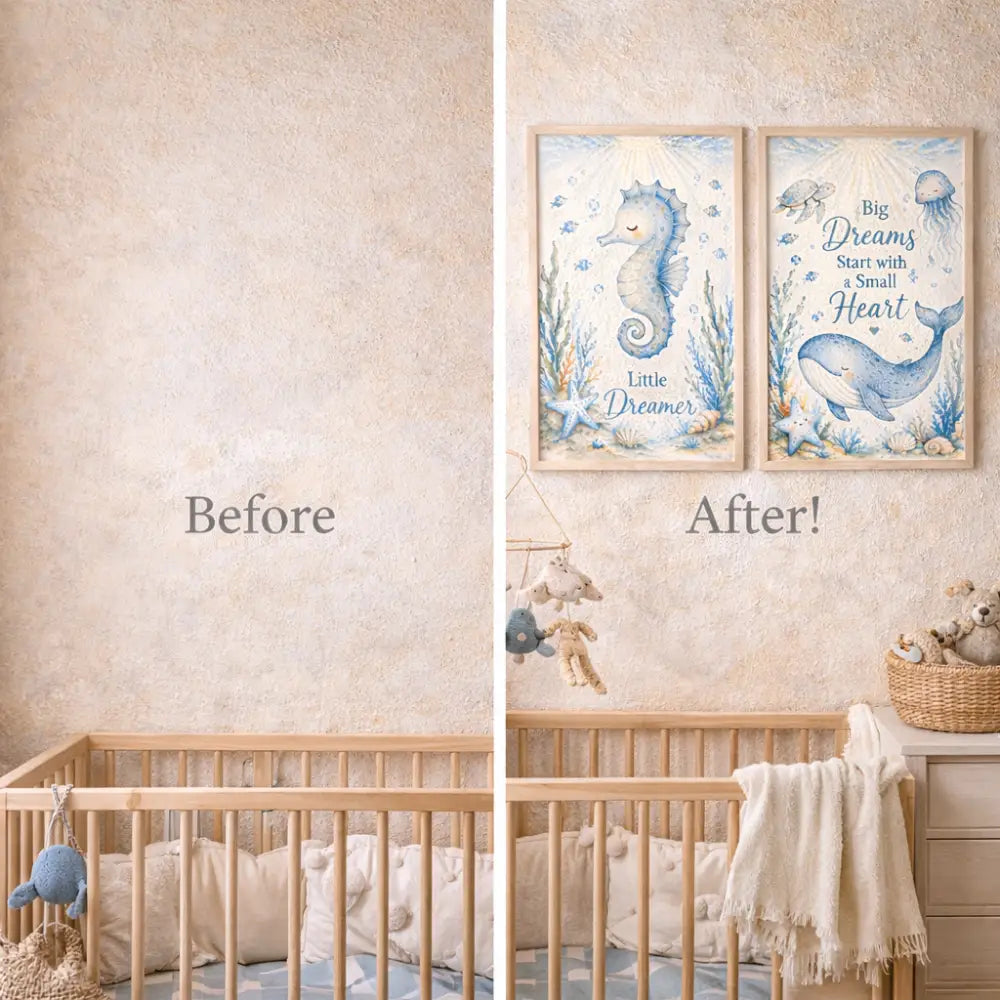 Deux affiches animaux marins en aquarelle bleu clair avec déco bord de mer en cadres bois clair pour wall art océanique
