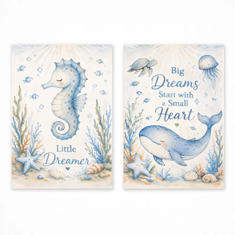 Affiche animaux marins avec deux toiles bleues ocean illustrant hippocampe et baleine pour deco bord de mer et wall art
