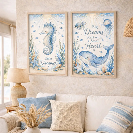 Deux affiches animaux marins encadrées avec wall art océan en aquarelle bleue pour deco bord de mer inspirante