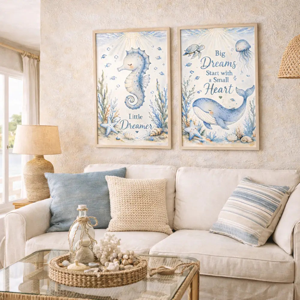 Deux affiches animaux marins en aquarelle bleue avec hippocampe et baleine pour deco bord de mer et wall art