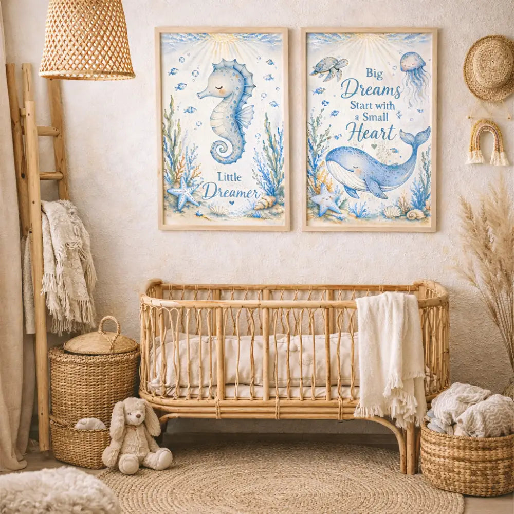Rattan crib beige clair avec lattes tressées et couverture blanche, déco bord de mer parfaite pour affiche animaux marins