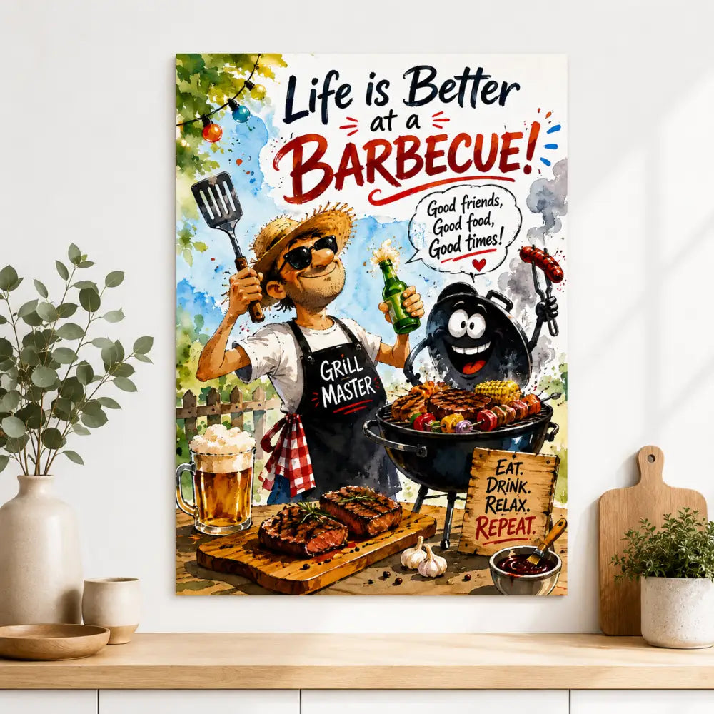 Poster barbecue hh avec homme cartoon en lunettes et tablier tenant spatule et bière avec personnage grill souriant
