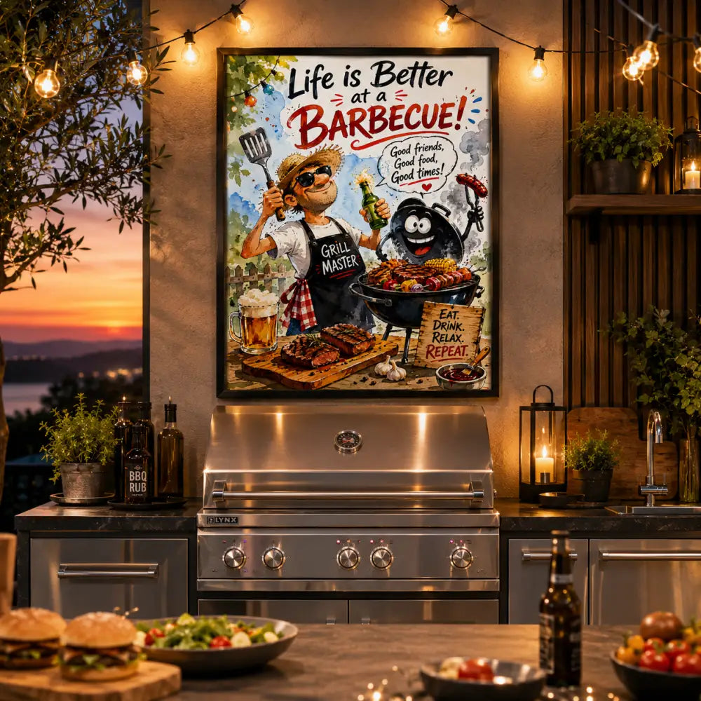 Un poster encadré hh avec un grillmaster cartoon tenant spatule et bière entouré de barbecue sur mur en bois rustique