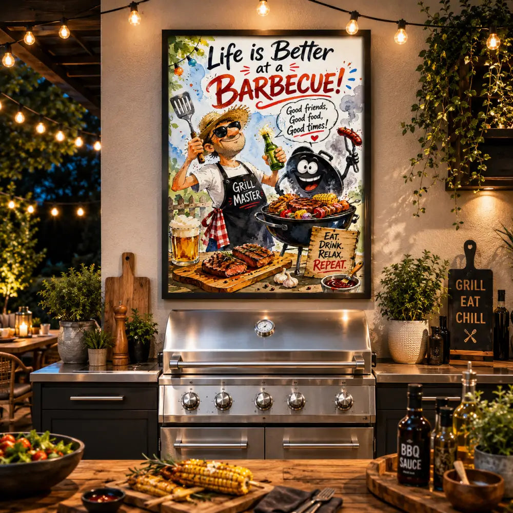 Affiche encadrée hh avec illustration barbecue et texte rouge vie est meilleure au barbecue sur fond blanc