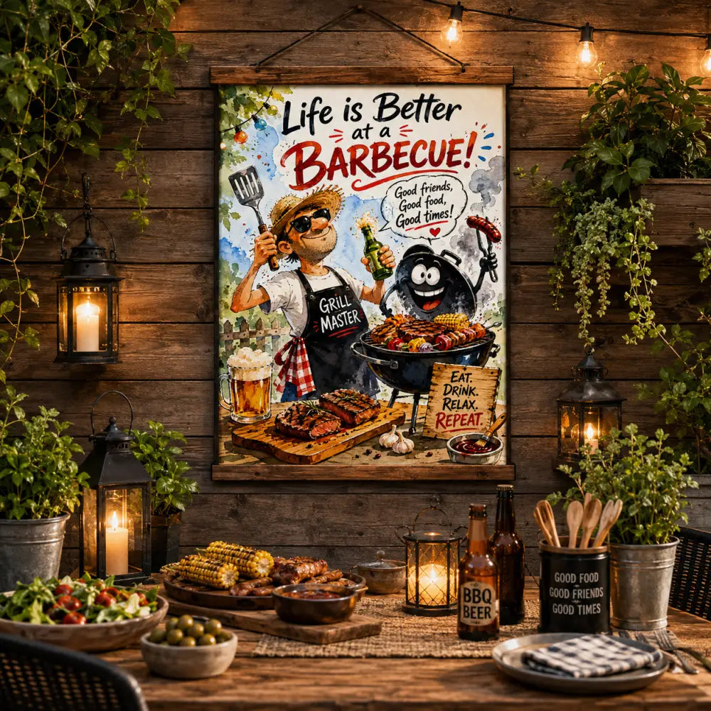 Affiche encadrée vibrante hh avec un maître du barbecue cartoon et slogan vie est meilleure au barbecue sur mur rustique