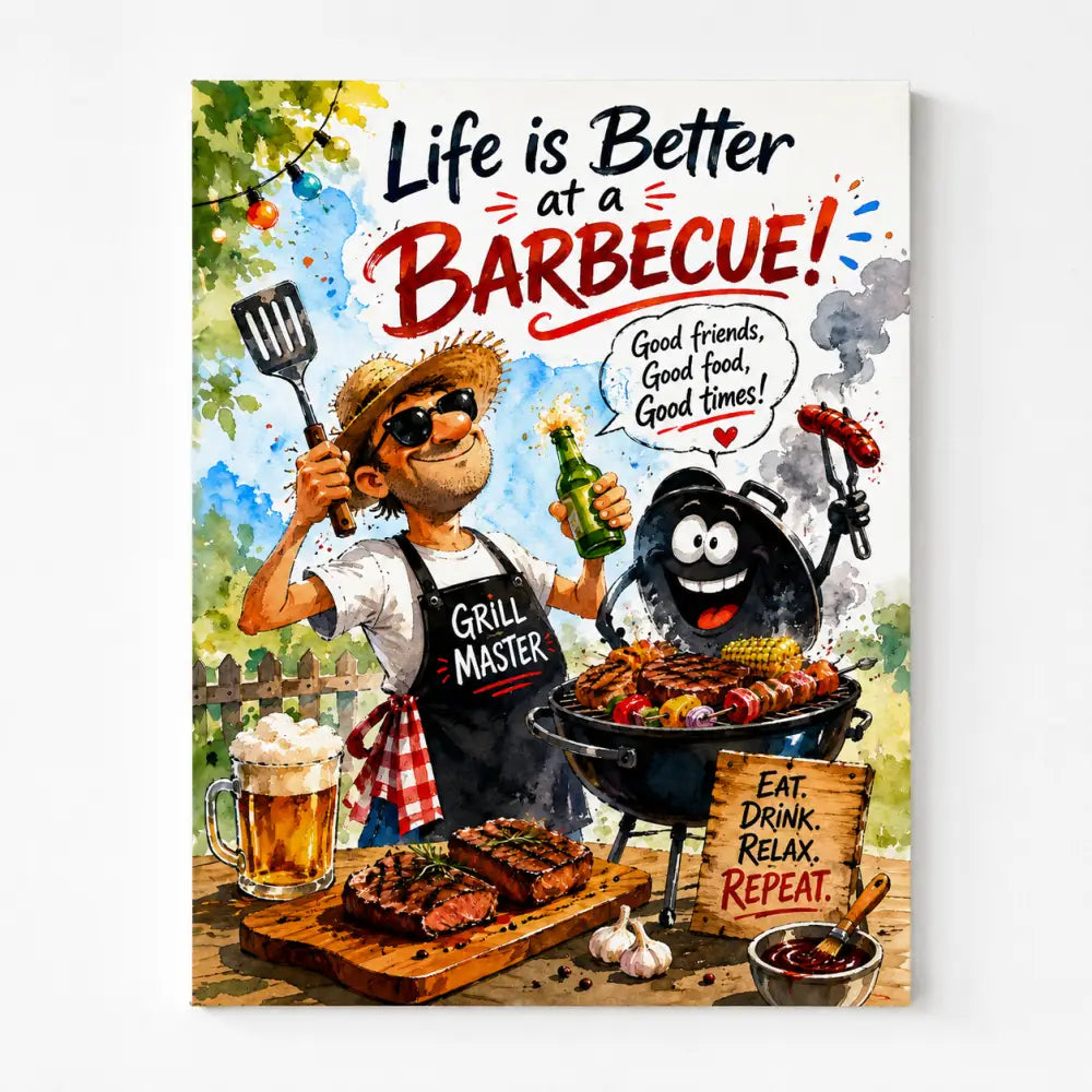 Illustration joyeuse d un homme en lunettes de soleil et tablier grill master tenant spatule et bière près d un grill noir souriant avec brochettes dans le produit hh