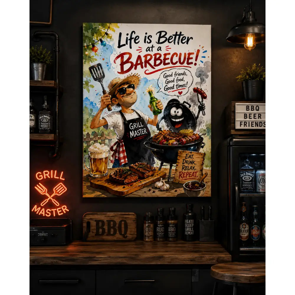 Hh toile colorée illustration grill master souriant avec barbecue noir et saucisses pour décoration murale