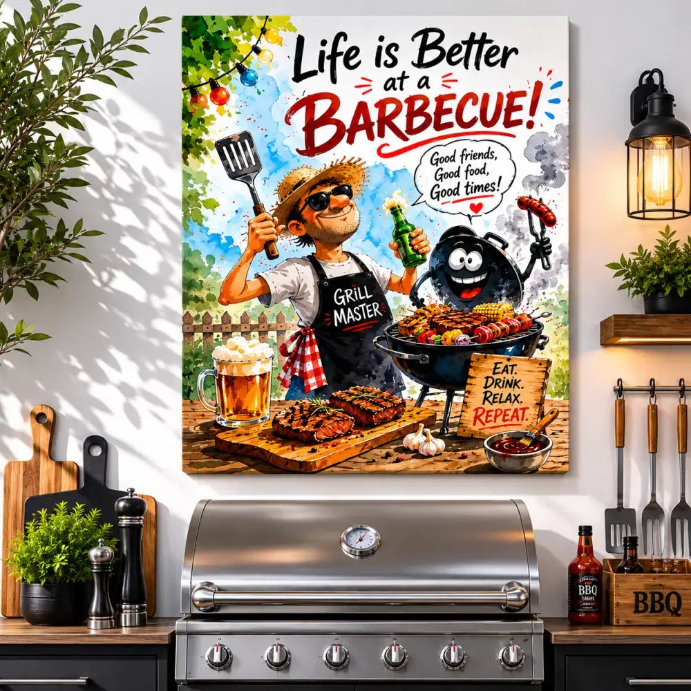 Impression sur toile barbecue hh avec un maître du grill souriant et un barbecue au charbon joyeux en plein air