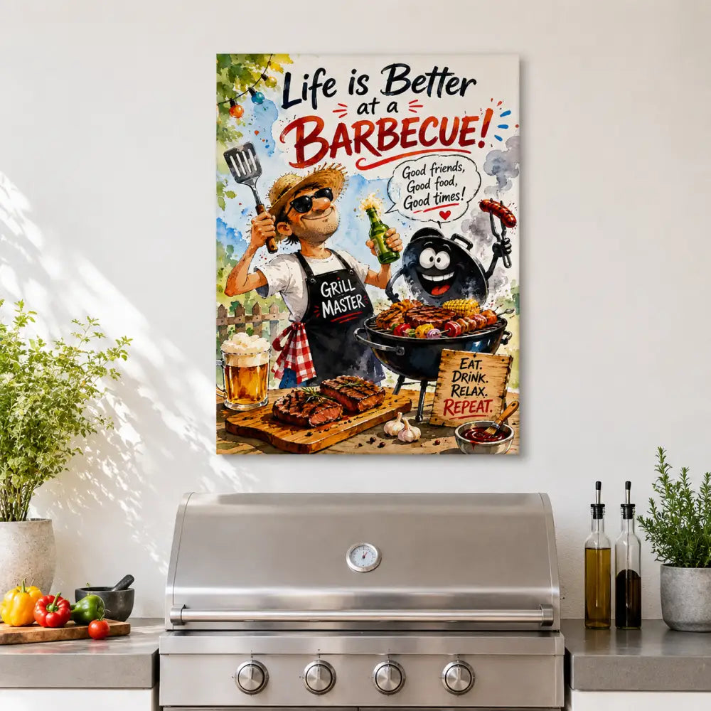 Affiche en toile aquarelle vibrante hh avec maître du barbecue en lunettes et tablier et grill charbon souriant