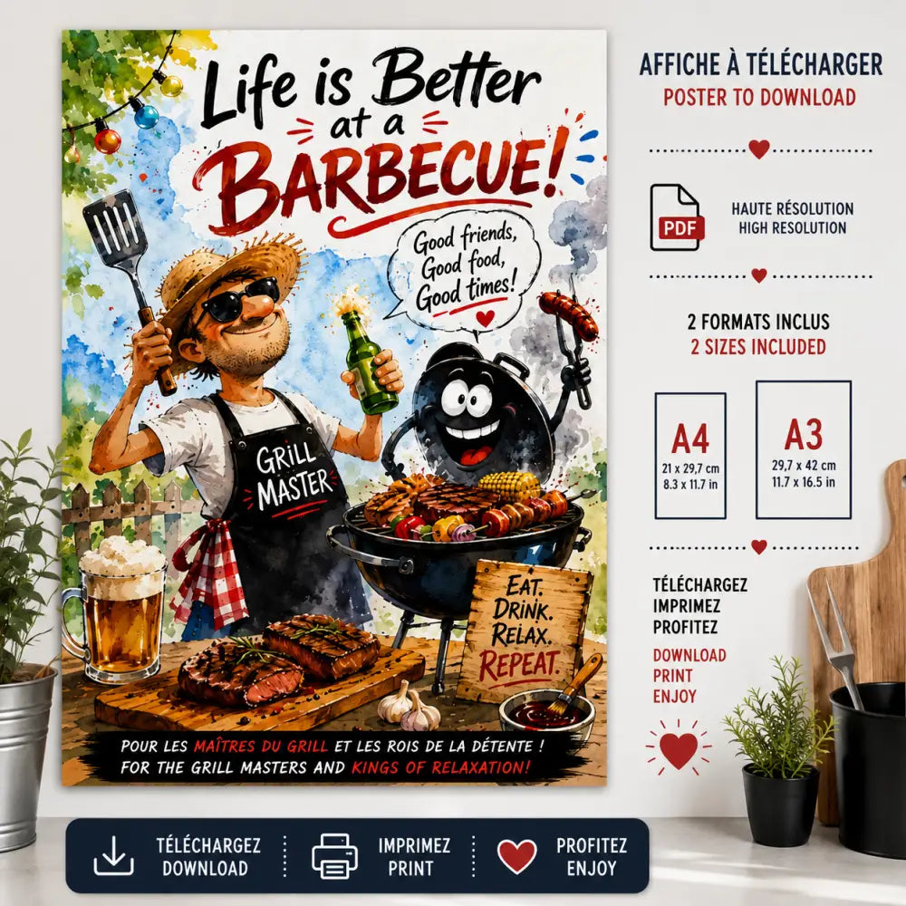 Affiche vibrante style aquarelle avec un maître du barbecue souriant en chapeau de paille tenant spatule et bière 