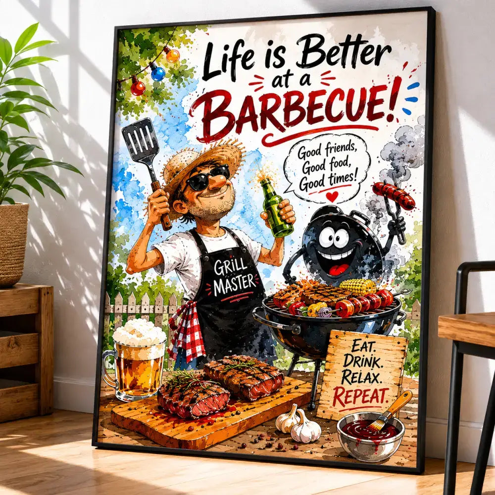 Poster encadré barbecue vibrant avec un maître du grill souriant en tablier et chapeau de paille 