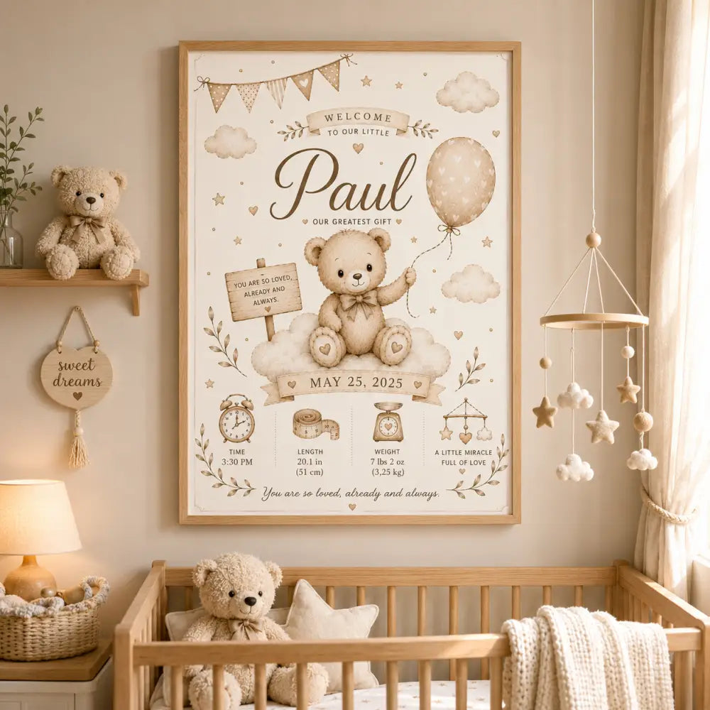 Affiche de naissance encadrée fr avec illustration d’un ours en peluche beige tenant un ballon sur des nuages et détails personnalisés