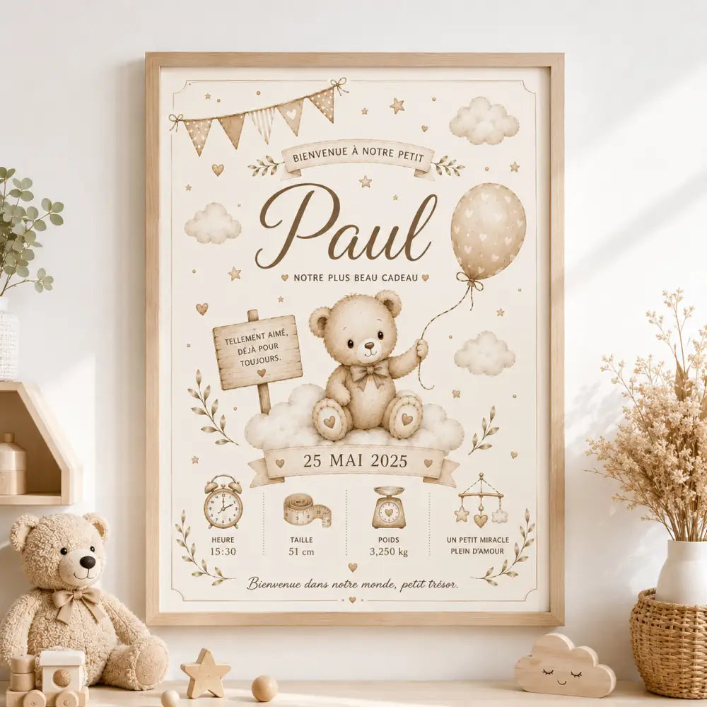 Illustration dours en peluche beige sur affiche de naissance encadrée avec accents pastel doux et détails délicats