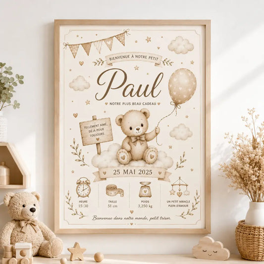 Illustration dours en peluche beige sur affiche de naissance encadrée avec accents pastel doux et détails délicats