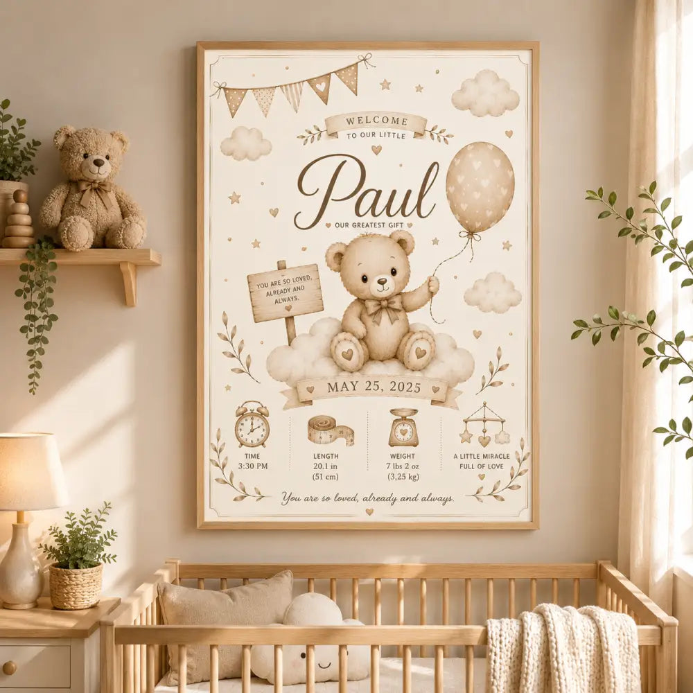 Affiche de bienvenue nouveau-né avec illustration dours beige tenant un ballon assis sur des nuages et statistiques bébé en dessous