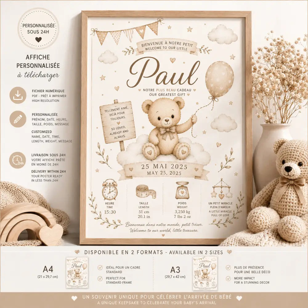 Affiche d’arrivée bébé personnalisée avec cadre beige, ours en peluche tenant un ballon, détails nom date naissance mesures