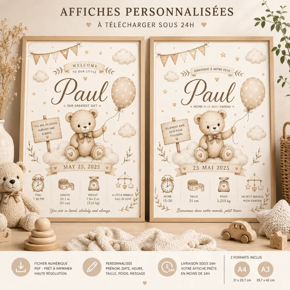 Ours en peluche beige tenant un ballon assis sur des nuages avec texte personnalisé date et poids en dessous