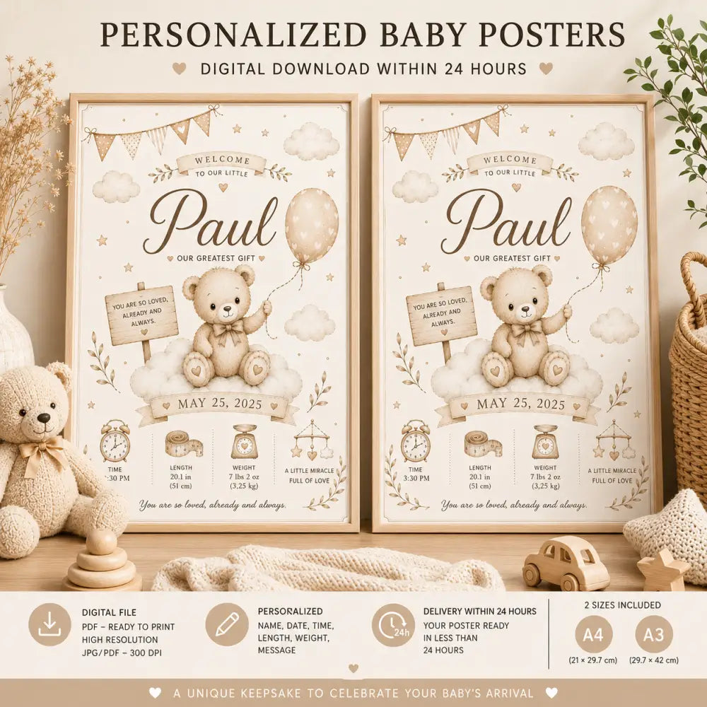 Ours en peluche beige tenant un ballon assis sur des nuages avec détails personnalisés pour bébé imprimés dessous