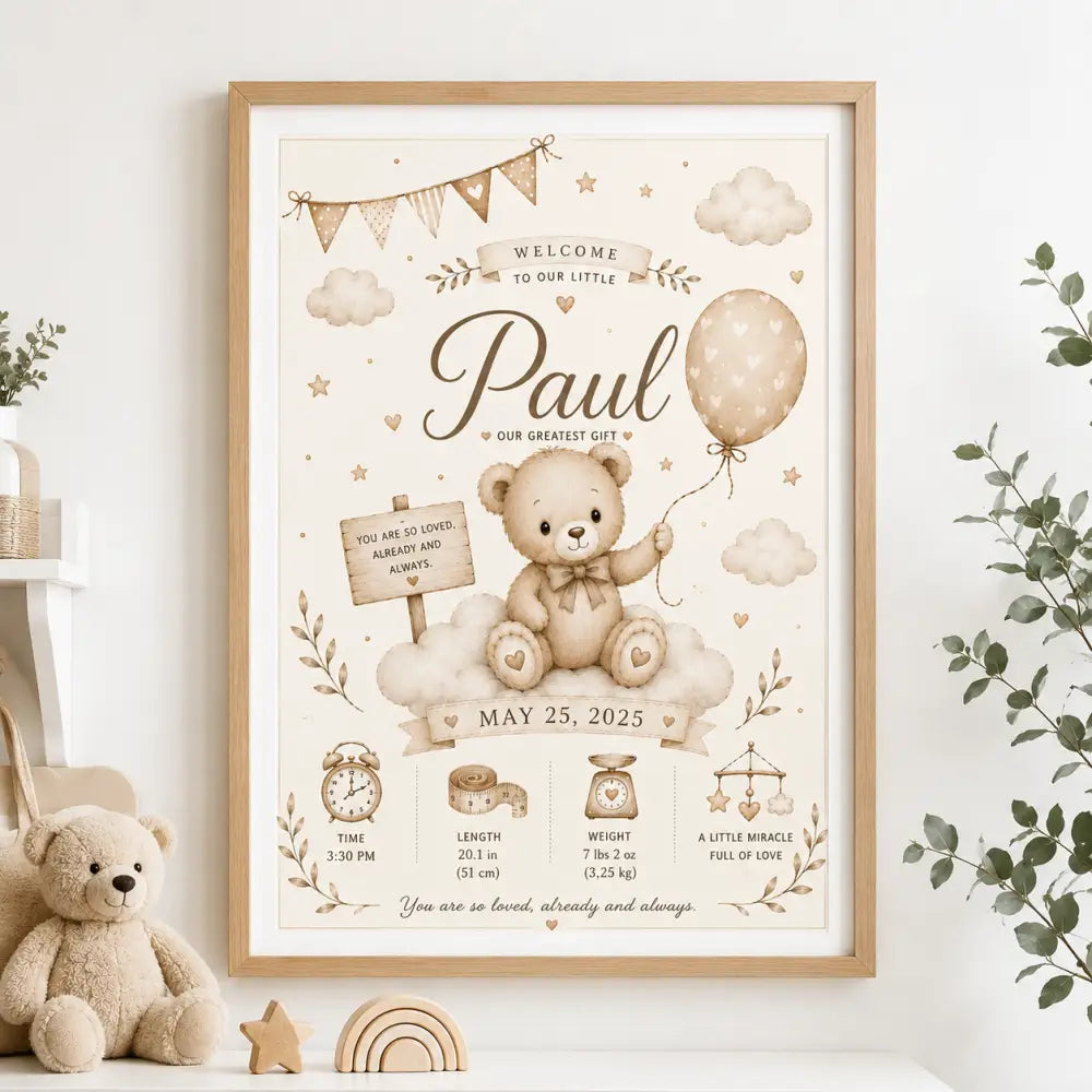 Poster de naissance illustré avec un ours en peluche beige à nœud papillon assis sur des nuages tenant un ballon