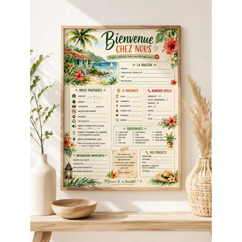Affiche bienvenue maison tropicale beige avec fleurs hibiscus rouges et feuillage vert pour location sign instant download