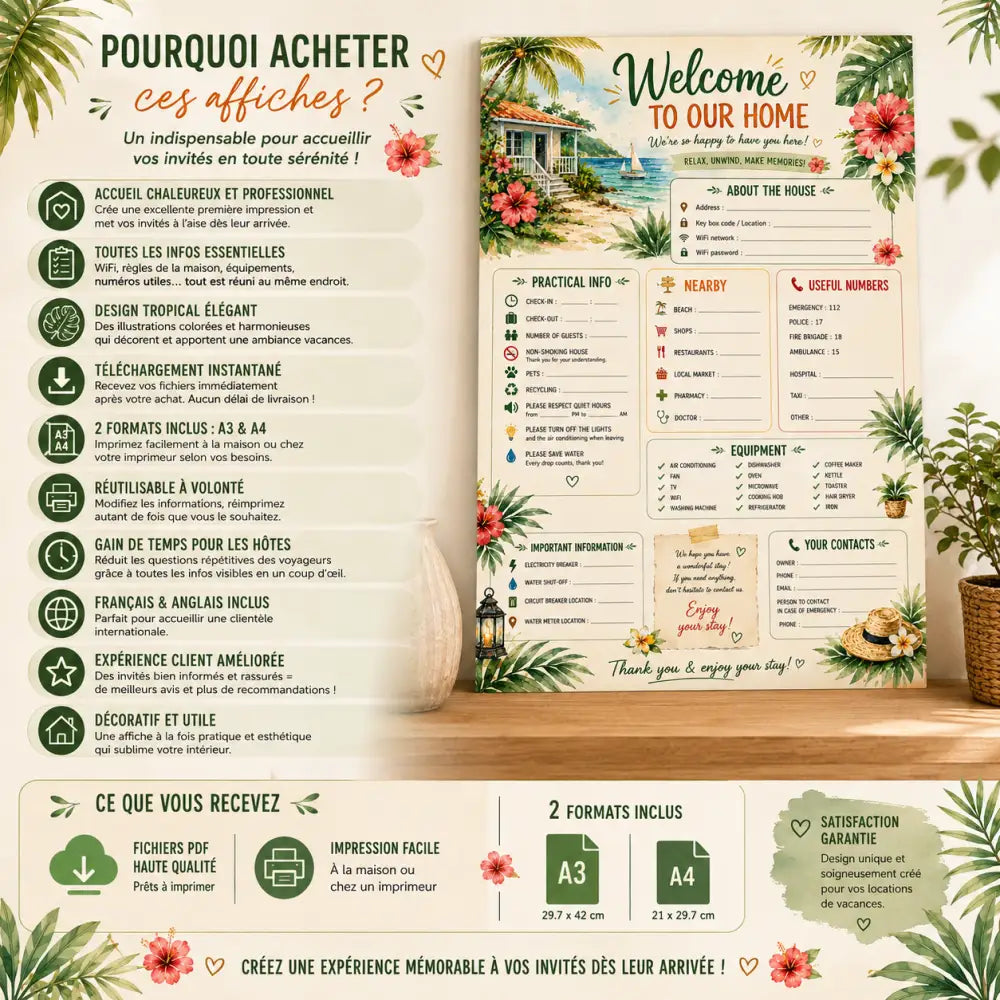 Affiche bienvenue maison tropicale avec illustration de maison de plage et motifs floraux colorés pour sign instant download