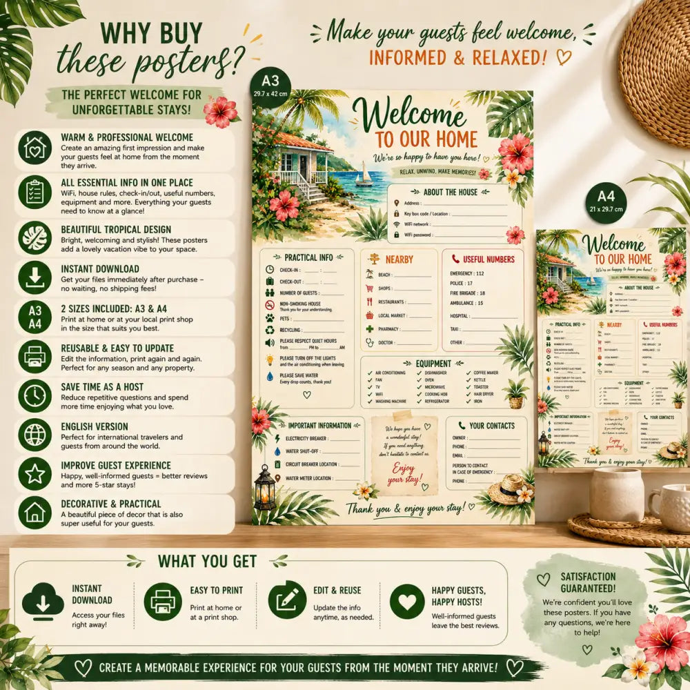 Affiche bienvenue maison avec illustration de cottage en bord de mer et accents floraux roses et verts pour location